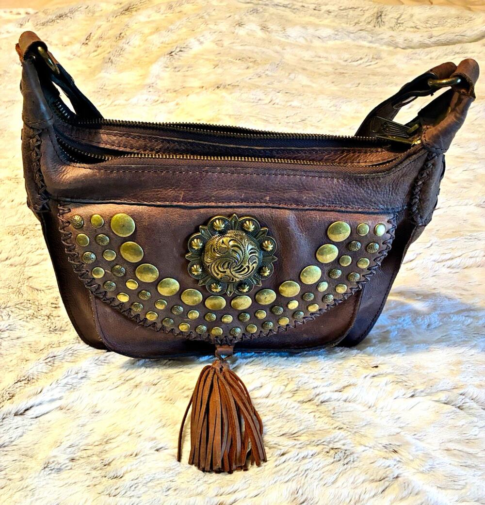 Patricia Nash Brown Studded Shoulder Bag Tassel Zip Adjustable Strap Western
